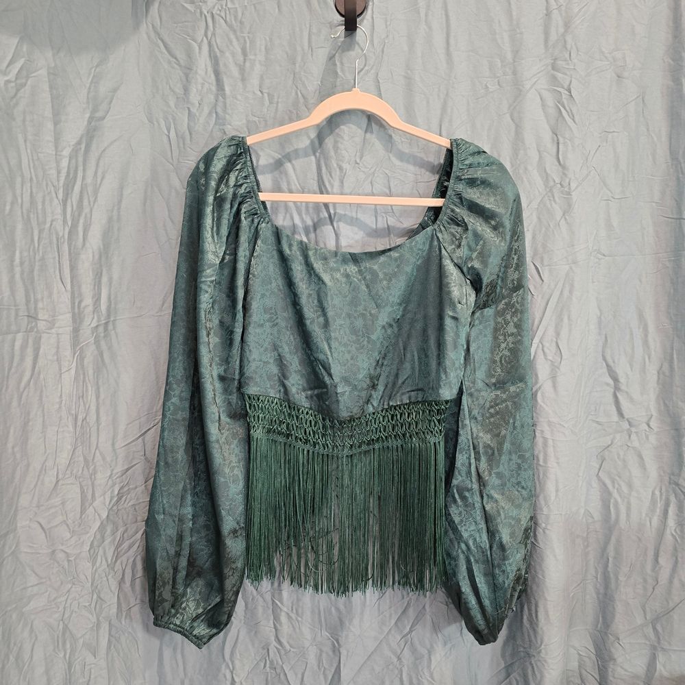 Green Crop Top with Fringe Accent